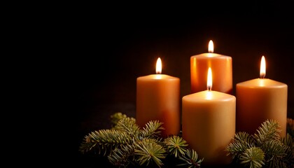 Four Advent Candles Lit For The Fourth Week Of Advent On A Black Background With Copy Space