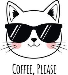 Cool Cat Face with Sunglasses and Coffee Please Text Vector Illustration for T Shirts, Stickers, and Funny Designs