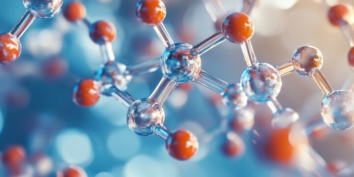 This is a magnified image of a molecule with red and blue atoms. It showcases the intricate chemical bonds and atomic structures.