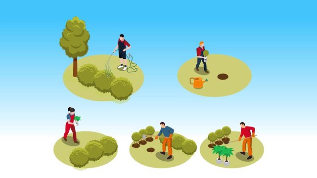 Isometric Gardeners Landscaping with Planting, Watering and Digging Activities 3d animation cartoon