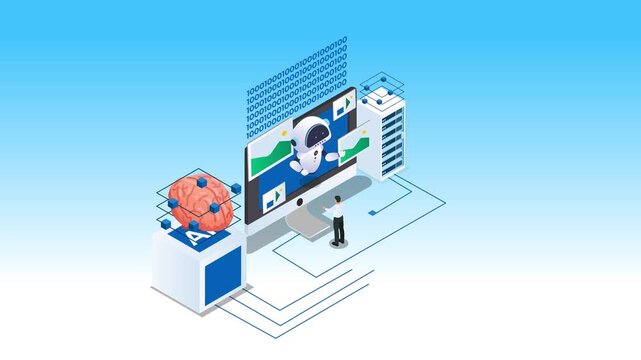 Generative AI Concept with Robot Creating Digital Art and Neural Network 3d animation cartoon