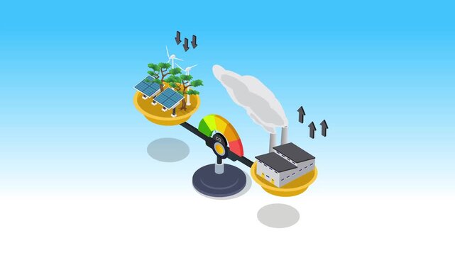 Renewable Energy Balance and CO2 Emission Reduction 3d animation cartoon