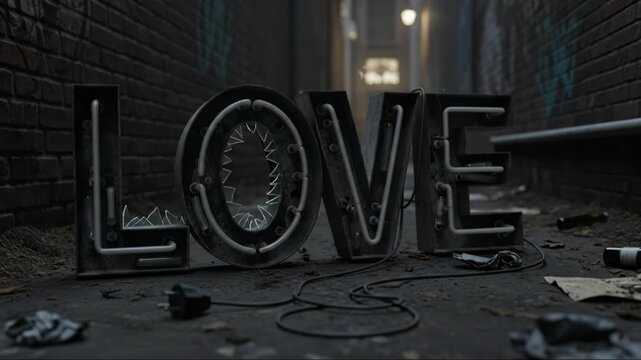 Neon sign spelling out love showing light, crackling, and eventually dead. Faded connection metaphor for broken relationship.