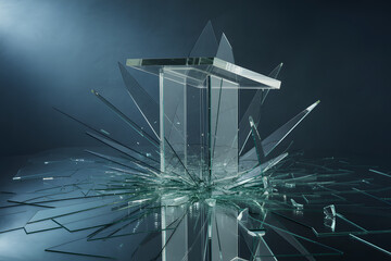 Shattered Glass Podium with Sharp Fragments and Reflections