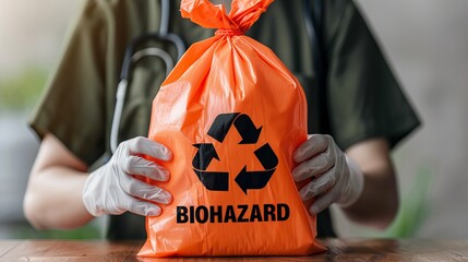 Healthcare worker knots biohazard waste bag  emphasizing safety in medical environments