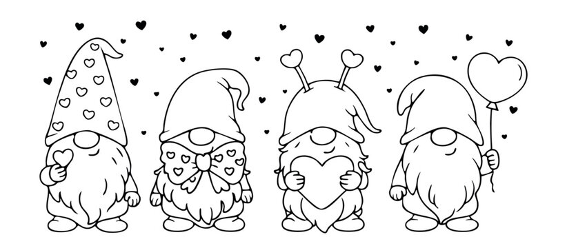 Cute gnome characters with romantic accessories in simple line art. Black and white vector illustration