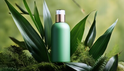 Modern Green Skincare Bottle Surrounded By Natural Elements