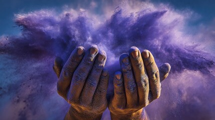 Hands releasing vibrant purple pigment in motion, epilepsy awareness, hope, support, and celebration of Purple Day