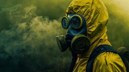 Eerie portrait of a hazmat figure in yellow gear shrouded by green toxic smoke and biohazard theme