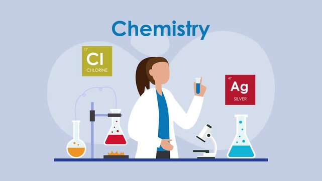 Female Scientist Working in Chemistry Laboratory with Periodic Elements cartoon animation