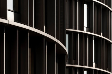Modern architecture urban building facade with vertical lines and curves forming shadow patterns and strong structure for contemporary city exterior