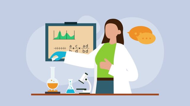 Female scientist performing chemistry experiment in laboratory cartoon animation