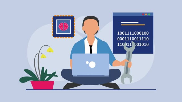 Software developer working on artificial intelligence and binary coding cartoon animation