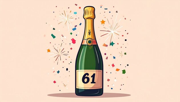 Cartoon champagne bottle with number 61 on the label. Simple illustration for birthday or anniversary party