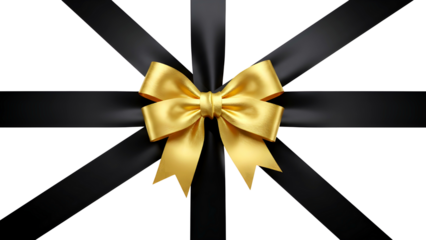 Golden bow ribbon on black ribbons isolated on transparent background