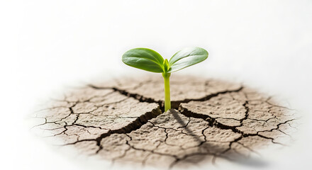 Resilient green sprout emerges from cracked dry earth.