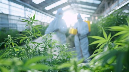 Industrial greenhouse with workers in biohazard suits spraying disinfectant amidst lush foliage