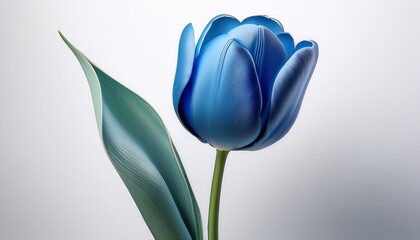 A Stylized Tulip With Deep Azure Blue Petals Fading Into Soft Lavender At The Tips A Sleek Emerald Green Stem With A Glossy Finish And A Single Curved Leaf Crisp White Background Emphasizing The Tu