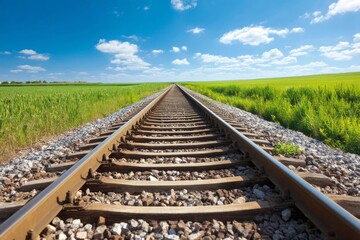 Tracks Leading Toward a Green Horizon Under a Bright Blue Sky