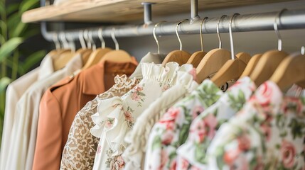 Stylish metal clothing rack showcasing women s floral dresses, blouses, and jackets in warm light