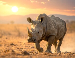 Fototapeta premium Large rhino walks in dusty savanna, silhouetted by the setting sun