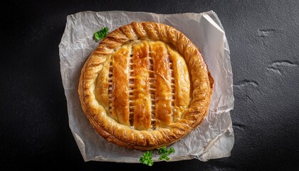 Delicious Puff Pastry Steak Pie On Baking Paper With Golden Flaky Crust Served On Black Stone Background Perfect For Gourmet Food Photography Restaurant Menus And Culinary Presentations