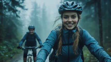 A woman with a smile on her face riding a bicycle through the woods. She is wearing a helmet and a jacket suitable for outdoor activities. The setting appears to be a misty or foggy day.