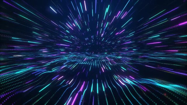 Abstract digital visualization of a futuristic hyperspace jump with glowing neon lines and particles.