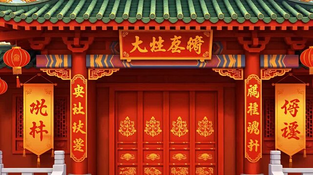 Vibrant ornate Chinese temple tracking shot, adorned with festive New Year lanterns and golden decorations