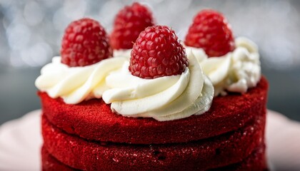 Close Up Of Red Velvet Cake Topped With Whipped Cream And Raspberries