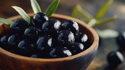 The bowl is wooden and holds glistening black caviar. Edible leaves are used as a garnish on top of the caviar. The image has a simple composition focusing on the appetizing appearance of the caviar.