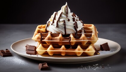 Mouthwatering Waffles With Whipped Cream And Chocolate