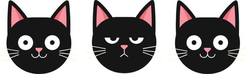 Cute Black Cat Face Expressions Vector Set with Minimal Cartoon Style for Emojis, Stickers, Icons, and Kids Designs