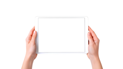 Hands holding tablet device isolated on transparent background