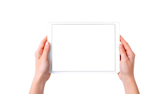 Hands holding tablet device isolated on transparent background - Powered by Adobe