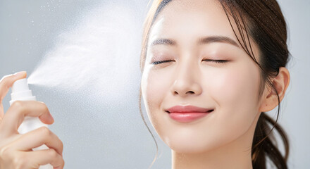 Beautiful Asian woman closing her eyes as she sprays facial mist onto her face, refreshing and hydrating skincare routine
