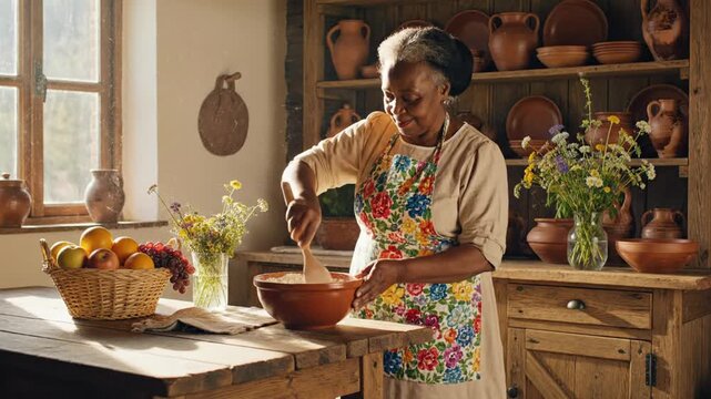 African American woman mixing food in a rustic kitchen with fruit, flowers, and ceramic dishes