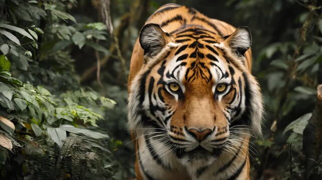 A large orange and black tiger with white markings walks through dense green foliage in a forest