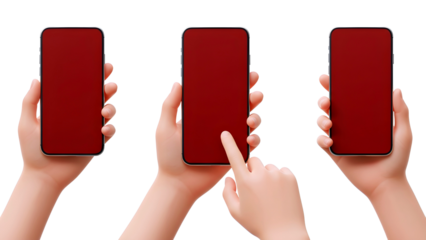 Three hands holding smartphones isolated on transparent background