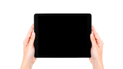 Hands holding tablet device isolated on transparent background