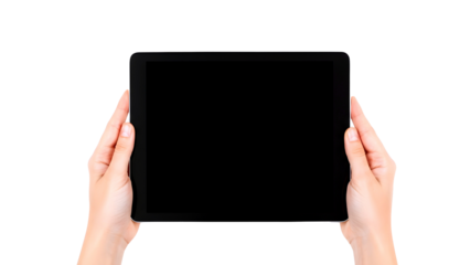 Hands holding tablet device isolated on transparent background