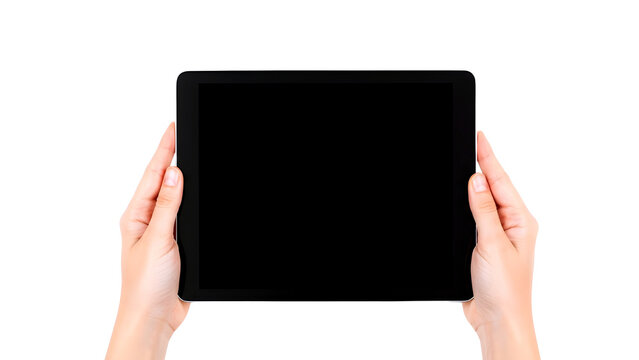 Hands holding tablet device isolated on transparent background - Powered by Adobe