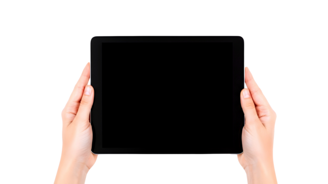 Hands holding tablet device isolated on transparent background - Powered by Adobe