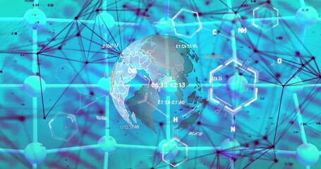 Animation of network of connections and chemical structures over spinning globe on blue background - Powered by Adobe