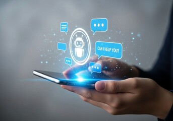 Customer support AI chatbot concept on smartphone screen with digital interface icons