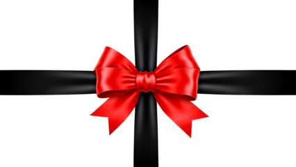 Elegant red bow on black ribbon isolated on transparent background
