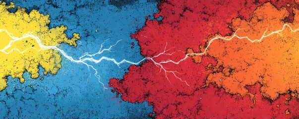 Comic-style depiction of a lightning bolt erupting between colorful, textured swathes