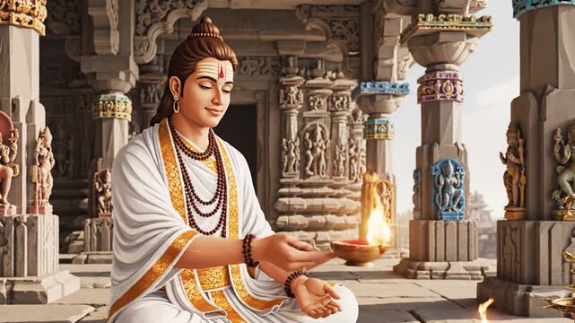 Hindu priest performing puja with fire at temple, India, surrounded by intricate carvings