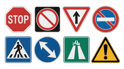 A collection of various road signs on a black background