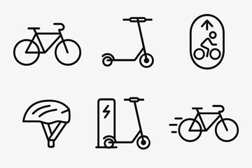 Micro-Mobility Icons. Public Mobility micro-mobility set in outline vector style: bicycle, scooter, bike lane mark, helmet, charging dock, motion lines